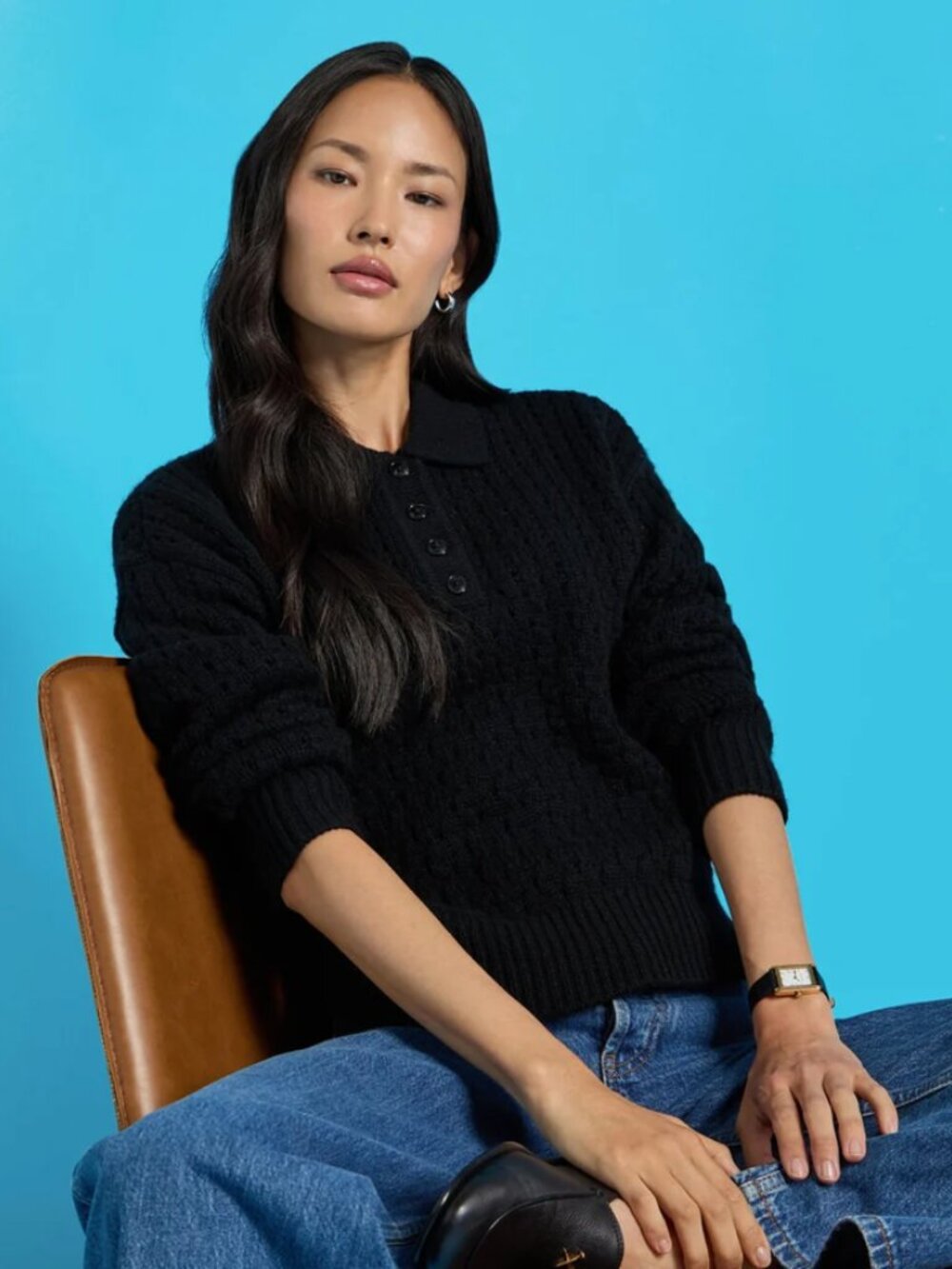 NWT G/FORE WOMENS OPEN KNIT WOOL CASHMERE LONG SLEEVE POLO SWEATER - Black